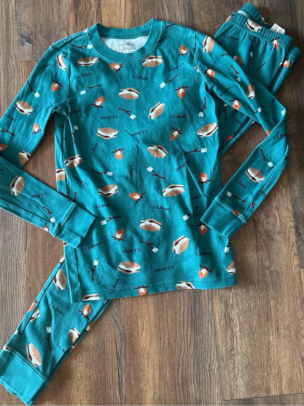 L.L. Bean Size 16 Teal S'mores Kids' Organic Cotton Fitted Pajamas NWOT